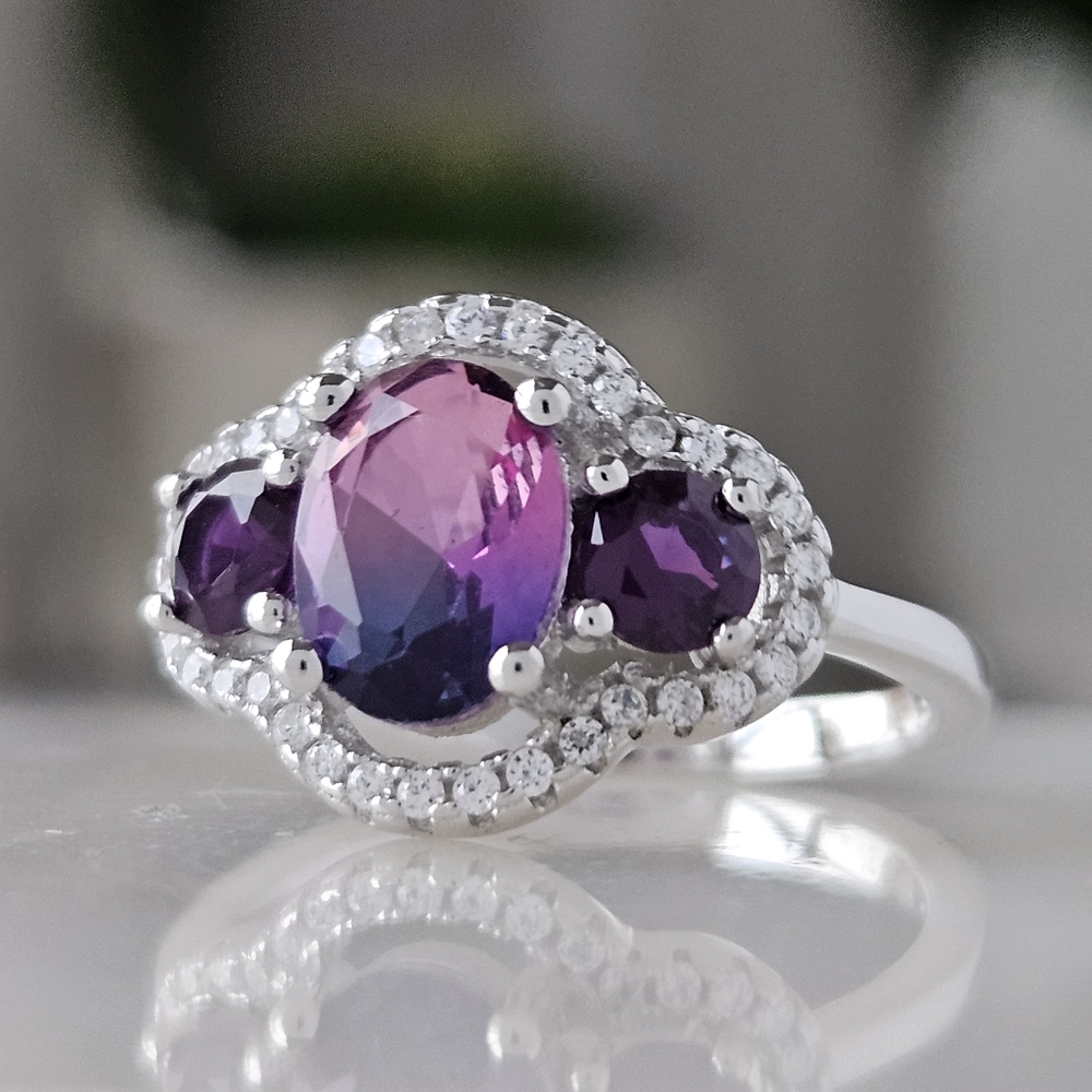 Pink & Purple Oval Gemstone Ring, real 925 Sterling Silver Charmed Aroma